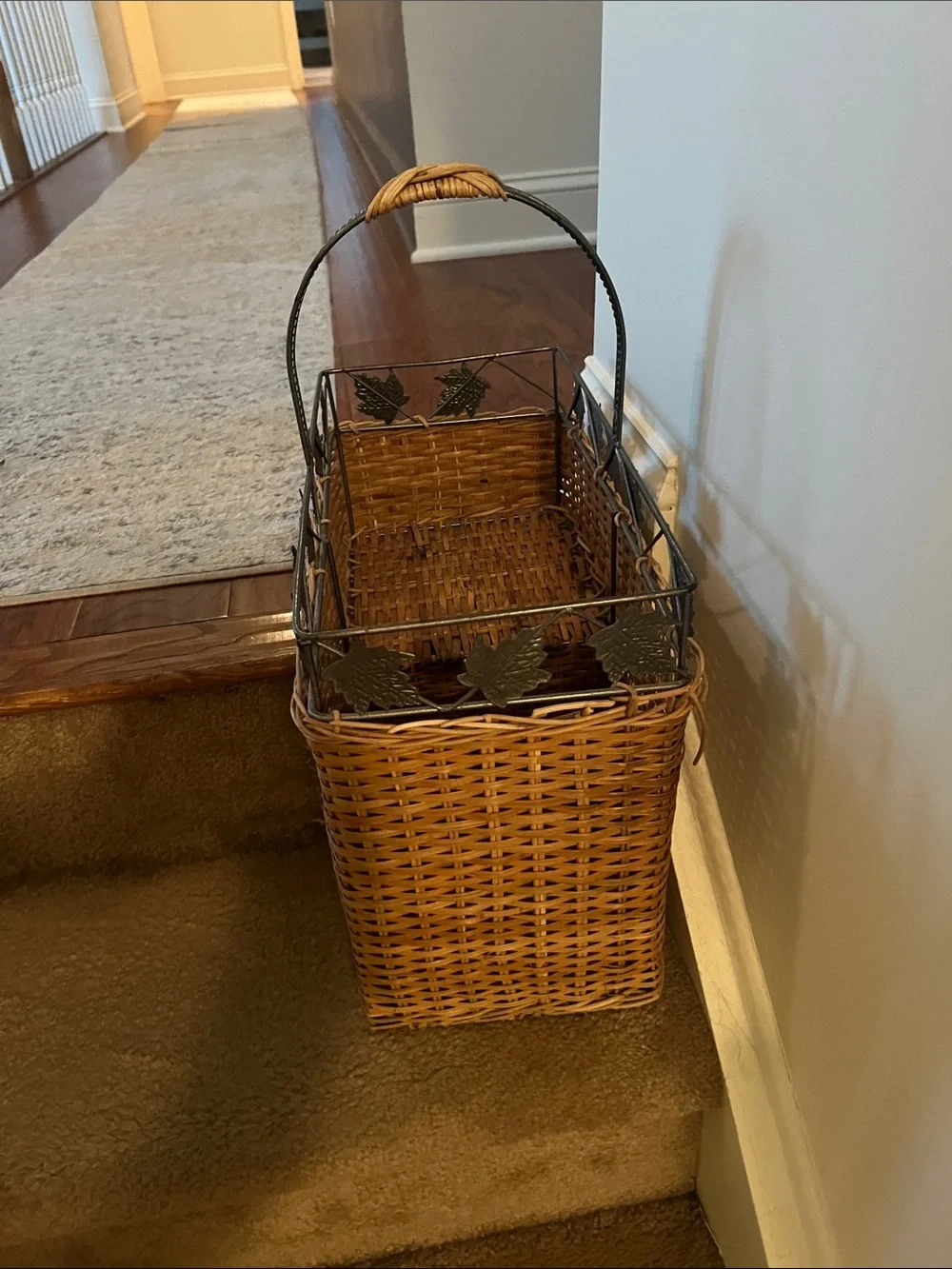 Vintage stair step Wicker Basket Metal Maple Leaf Handle Rustic Farmhouse Decor